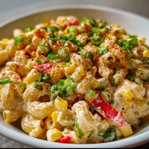 A bowl of pasta salad with corn and red peppers.