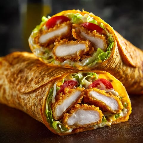 A delicious crispy wrap with chicken, cheese and garlic.