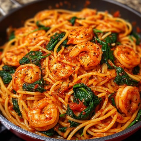 A bowl of shrimp and spinach pasta.