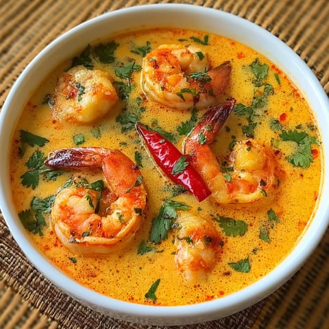 A bowl of soup with shrimp and peppers.