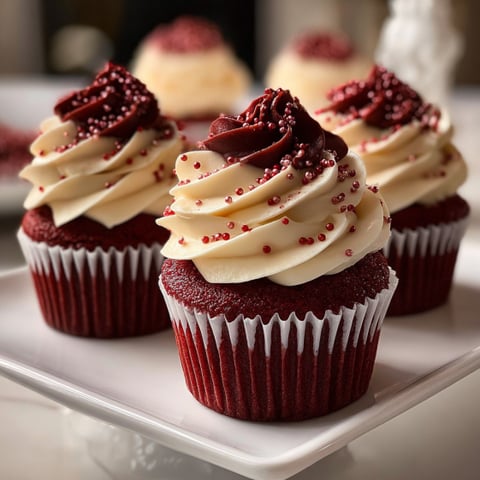 Three red velvet cupcakes with white frosting.