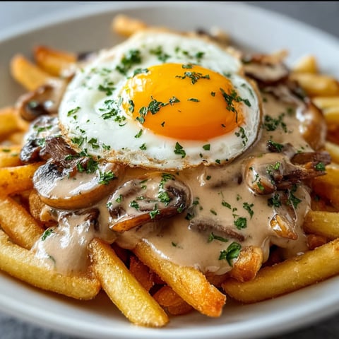 A plate of french fries with a fried egg on top.