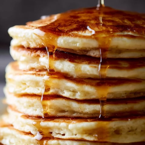 A stack of pancakes with syrup drizzled on top.