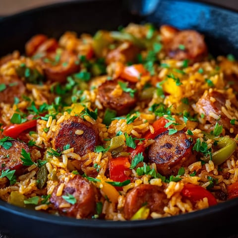 A dish of rice with sausage and vegetables.