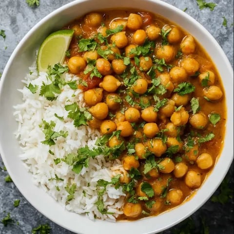 A bowl of chickpea curry with rice and lime.