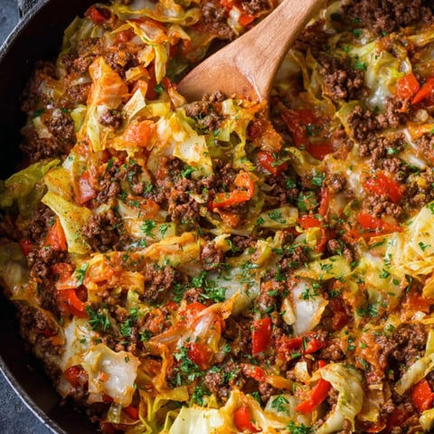 A skillet filled with ground beef and cabbage.