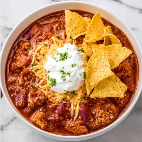 A bowl of chili with a dollop of sour cream on top.