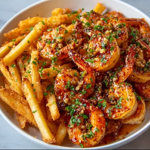 A bowl of shrimp with garlic and honey sauce and a side of fries.