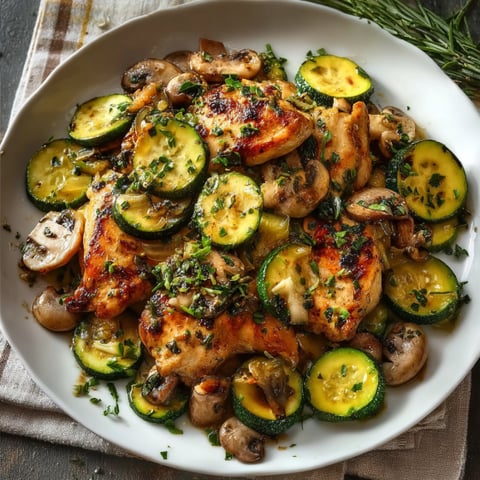 A plate of food with chicken, mushrooms and zucchini.