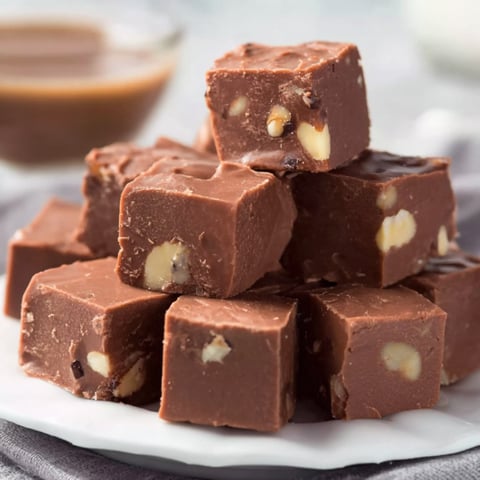 A stack of chocolate squares with nuts on top.