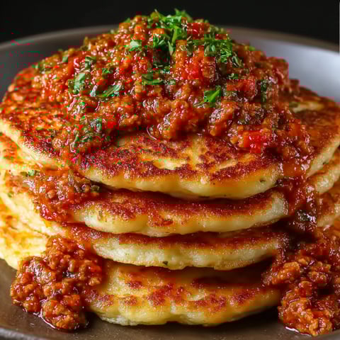A stack of pancakes with meat sauce on top.