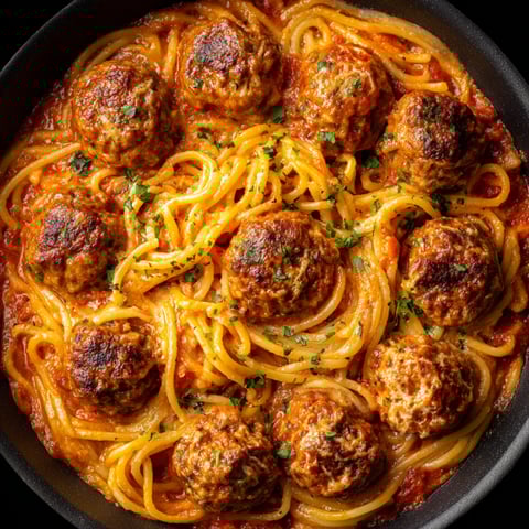 A bowl of creamy spaghetti meatballs.
