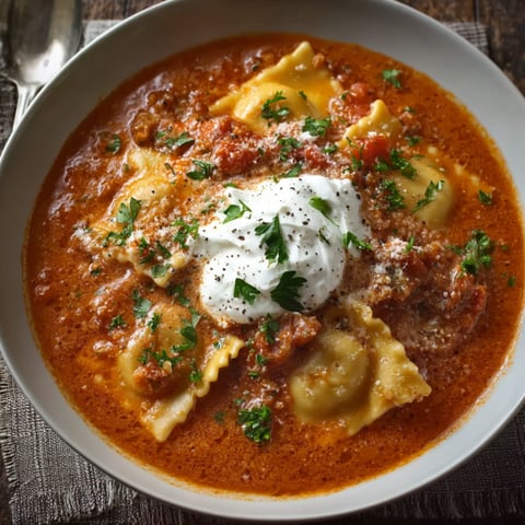 A bowl of creamy lasagna soup with pasta and white sauce.