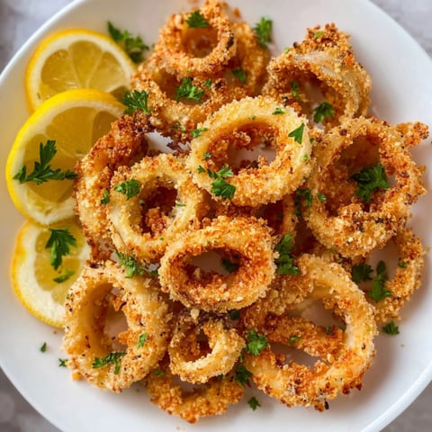 A plate of air fryer calamari with lemon wedges.