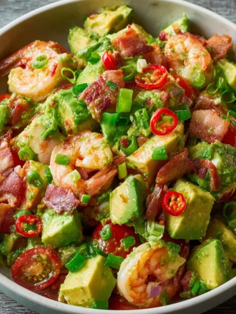 A dish of shrimp and avocado salad with bacon.