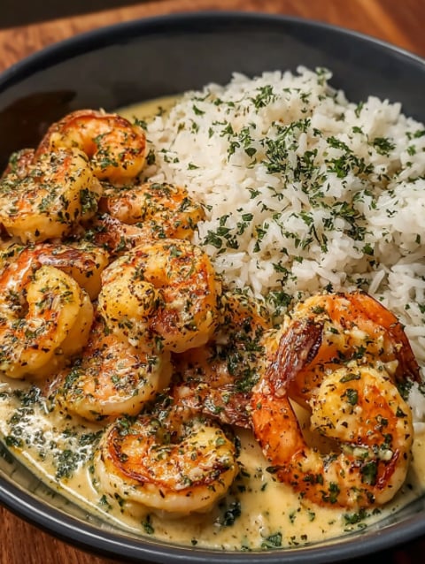 A bowl of shrimp and rice with a creamy garlic butter sauce.