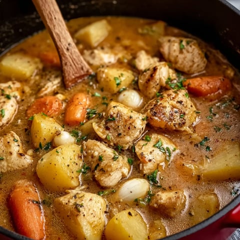 A hearty chicken stew with carrots and onions.