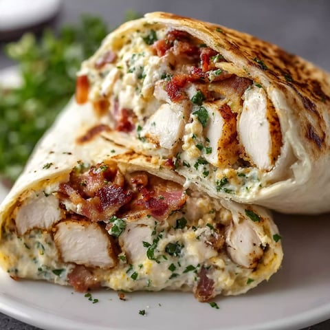 A cheesy garlic chicken wrap with bacon.