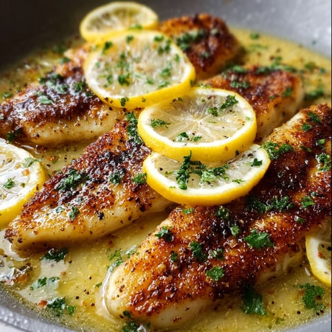 A pan of fish with lemon slices on top.