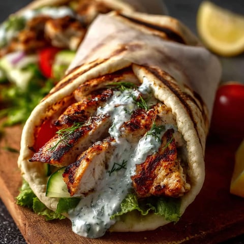 A Greek chicken souvlaki with white sauce and lettuce.