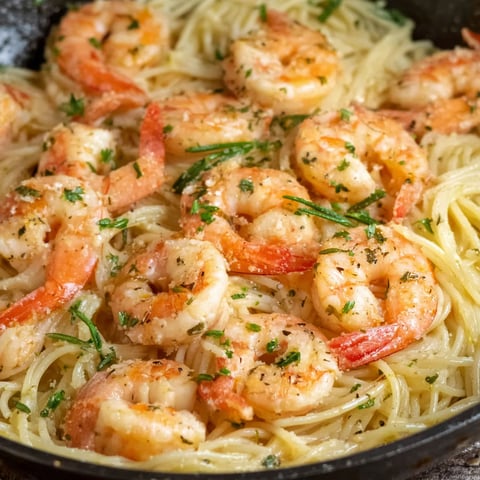 A dish of shrimp scampi with pasta.
