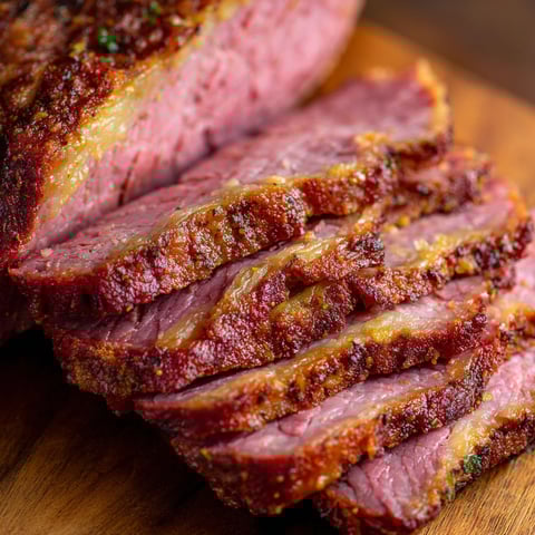 A piece of corned beef is cooked in an Instant Pot.