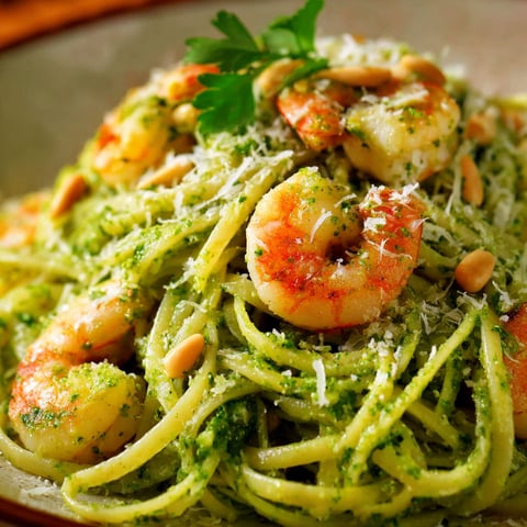 A bowl of pasta with shrimp and pesto.
