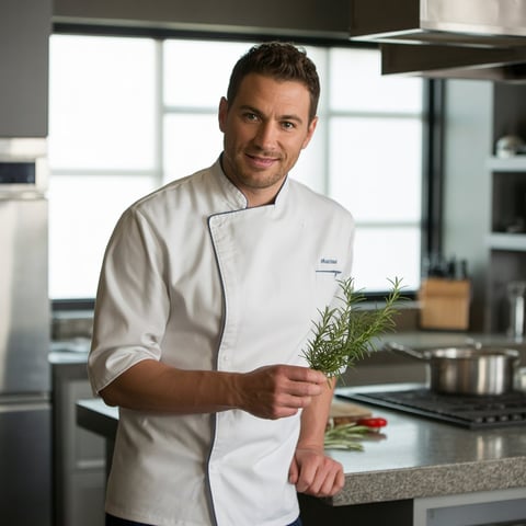A man holding a sprig of rosemary in a kitchen.