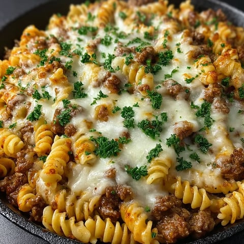A cheese steak hamburger helper with meat and cheese.
