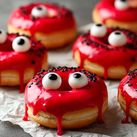 A plate of red frosted donuts with black eyes.