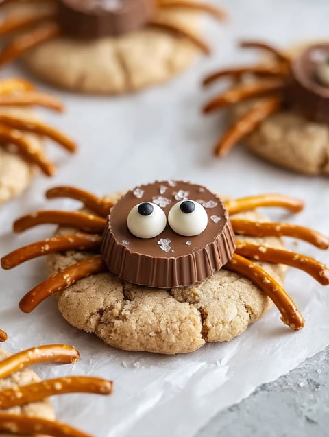 A spooky spider cookie with a chocolate chip on top.