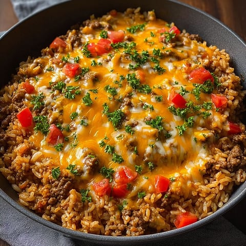 A bowl of cheesy beef enchilada rice.