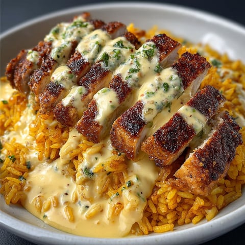 A plate of rice with chicken and cream sauce.