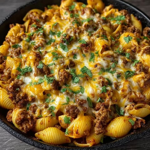 A bowl of cheesy enchilada hamburger helper.