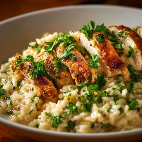 A bowl of rice with chicken and herbs.