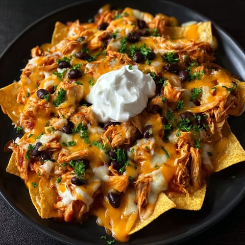 A plate of nachos with a dollop of sour cream on top.
