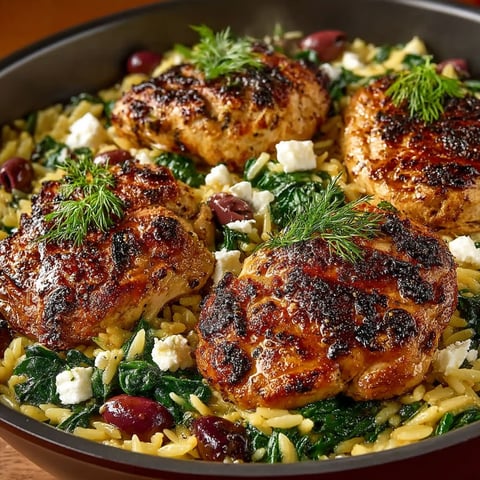 A delicious one-pan Greek chicken skillet with orzo.