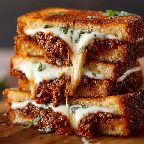 A stack of grilled cheese sandwiches with meat in between.