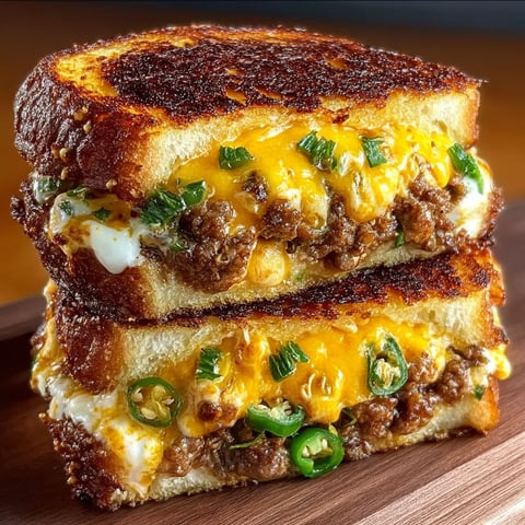 A jalapeno popper patty melt on a wooden table.