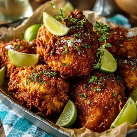 A plate of chicken with limes on top.