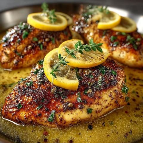 A plate of chicken with lemon and herbs.