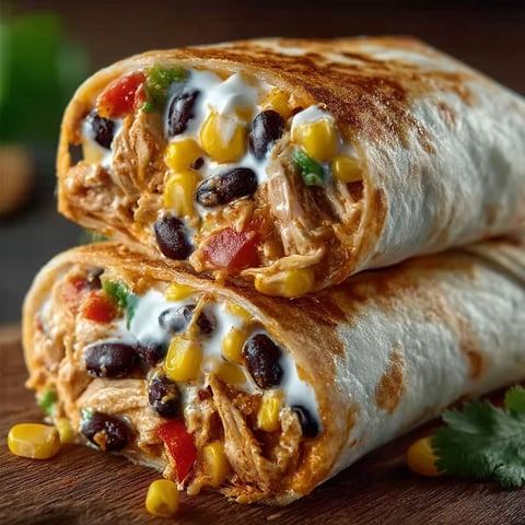Two burritos filled with chicken and vegetables.