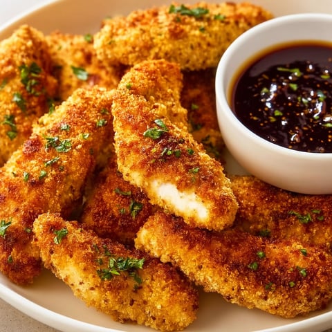 A plate of baked chicken tenders with a dipping sauce.