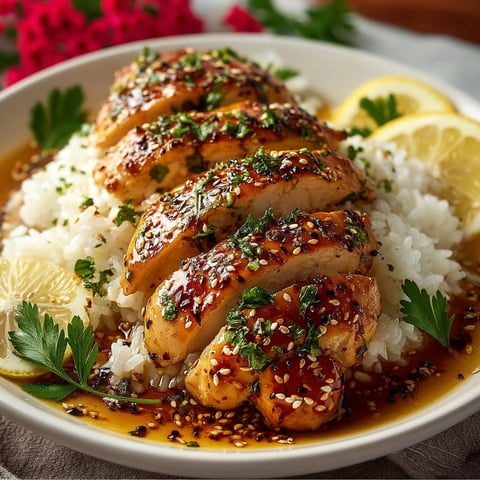 A plate of chicken with rice and lemon wedges.
