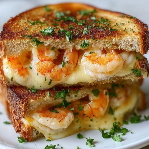 A cheesy garlic bread sandwich with shrimp on top.