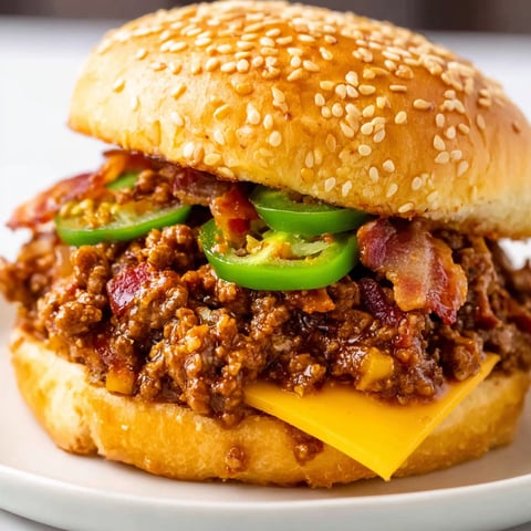 A sloppy joe sandwich with bacon and jalapenos.