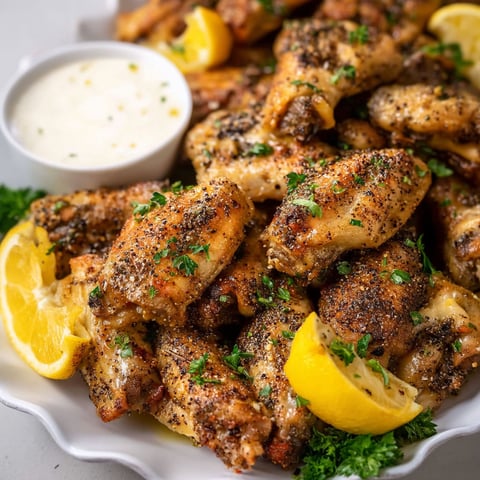 A plate of chicken wings with lemon and pepper seasoning.
