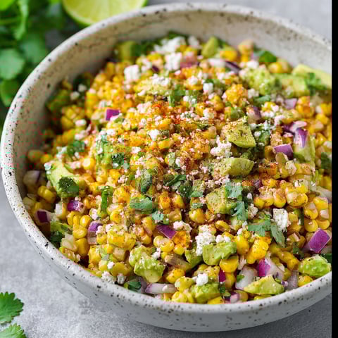 A bowl of Mexican street corn with avocado.