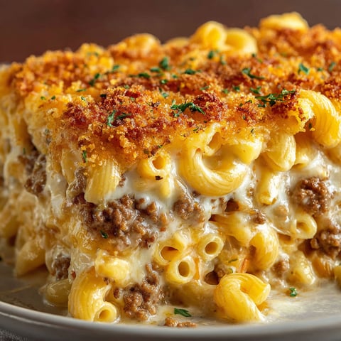 A cheesy macaroni hamburger casserole.