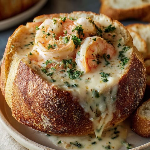 A stuffed seafood bread bowl with shrimp and cheese.
